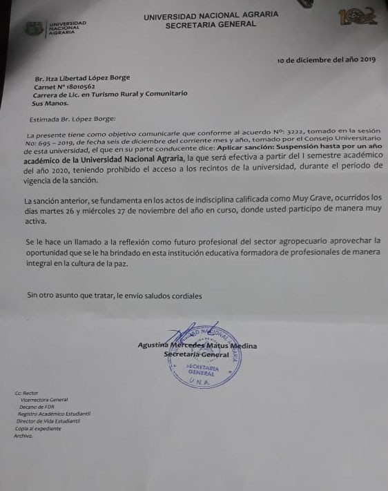 carta sancion UNA | Nicaragua Investiga